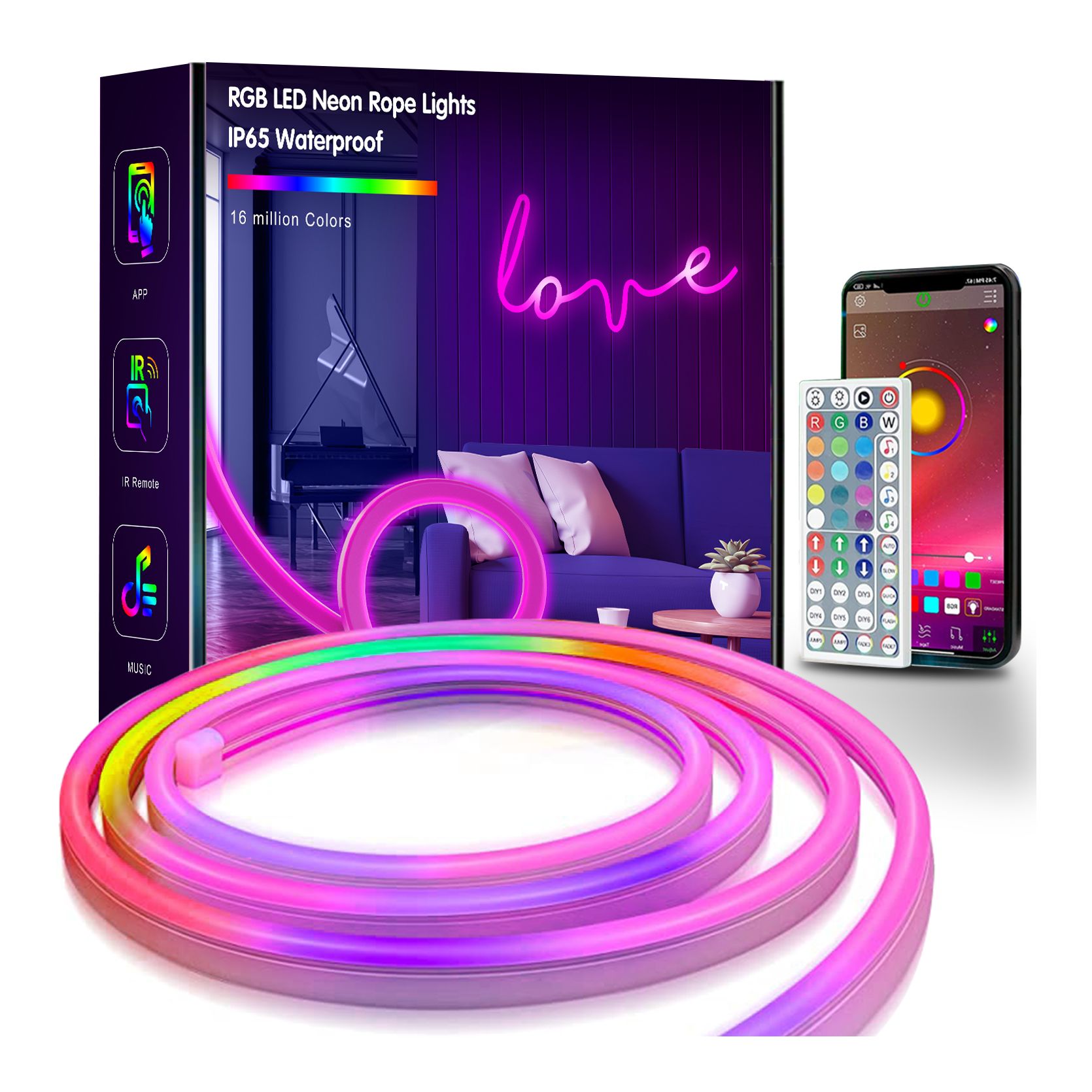 16.4ft RGB LED Neon Rope Light with Remote Control, Smart Color Changing DIY Mode Neon Flex Strip Lights for Bedroom Indoors Outdoors Decor