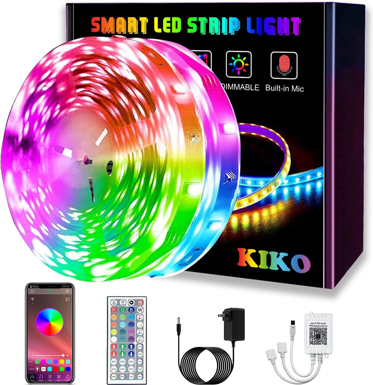 Led Lights 65.6ft, Kiko 20m RGB Led Lights Strip for Bedroom Smart Music Sync Color Changing Led Light Strips with Smart APP Remote Control for Party, Home Decoration