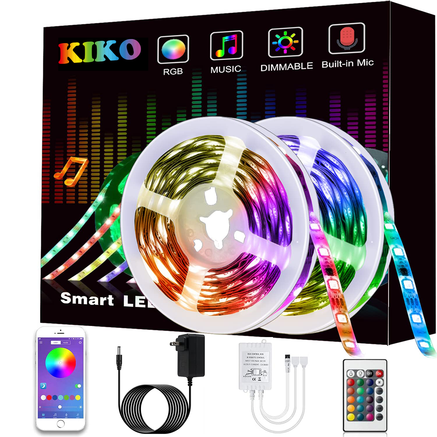 KIKO Led Strip Lights, 32.8ft Led Lights Smart Color Changing Rope Lights SMD 5050 RGB Light Strips with Bluetooth Controller Sync to Music Apply for TV, Bedroom, and Home Decoration