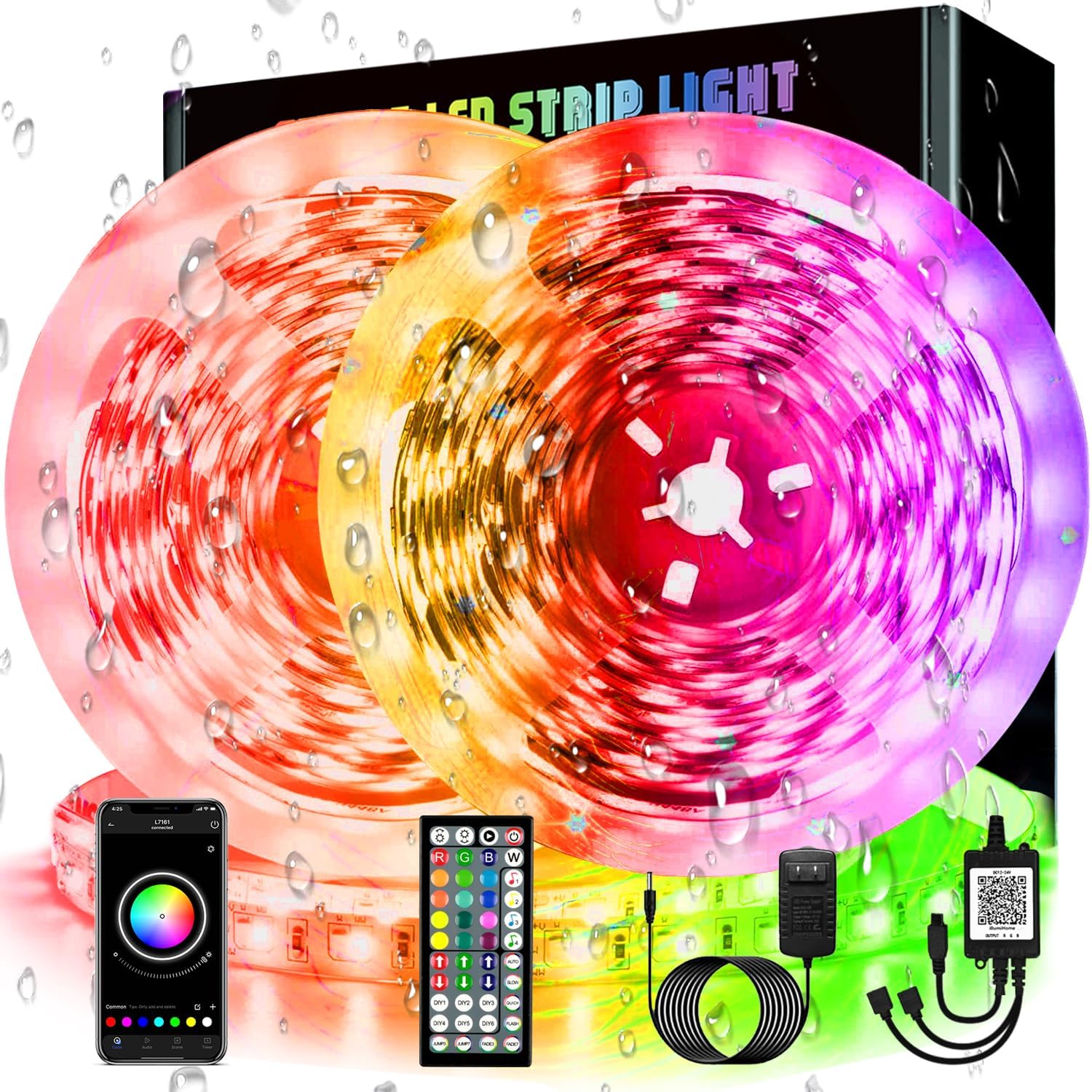 200ft /60m OutdoorLED Strip Lights Waterproof, 2 roll 100ft IP67 Waterproof Outside Led Light Strips with App Remote Control,Music Sync RGB Led Rope Lights,for Balcony,Deck,Roof,Garden,Pool