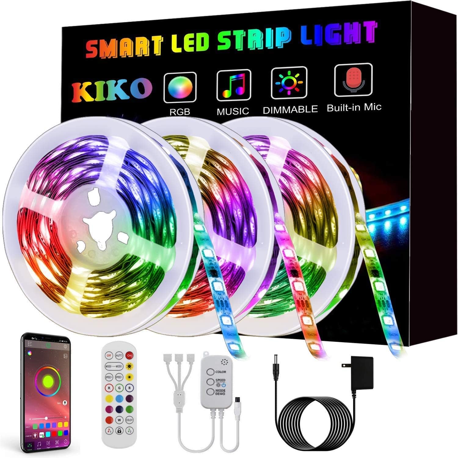 LED Strip Lights, KIKO Smart Color Changing Rope Lights SMD 5050 RGB Light Strips with Bluetooth Controller Sync to Music Apply for TV, Bedroom, Party and Home Decoration (39.3ft)